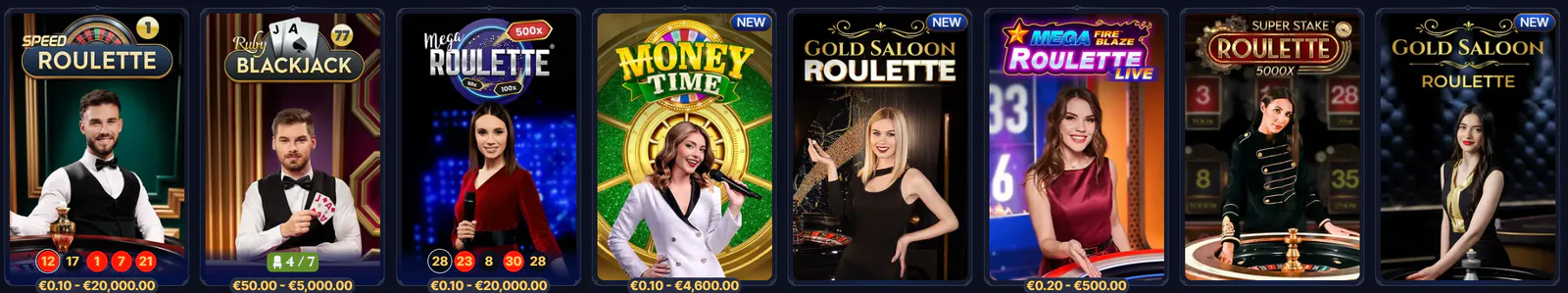 Cazeus Casino live casino games featuring Speed Roulette, Ruby Blackjack, Mega Roulette, Gold Saloon Roulette and live dealer tables