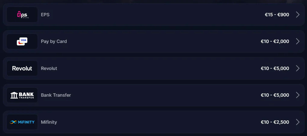 Cazeus Casino payment methods including EPS, Visa, Revolut, bank transfer and MiFinity with deposit limits