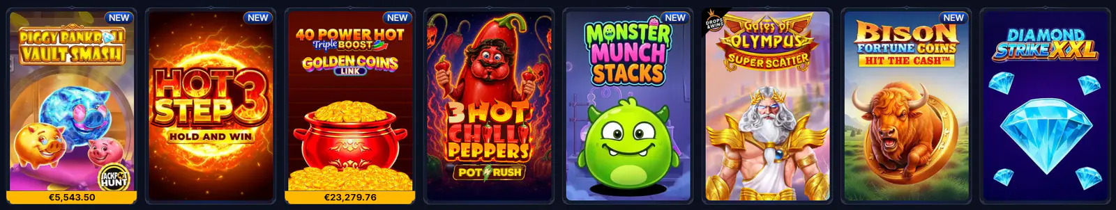 Cazeus Casino slot collection featuring Piggy Bank Vault Smash, Hot Step 3, Gates of Olympus Super Scatter and Diamond Strike XXL