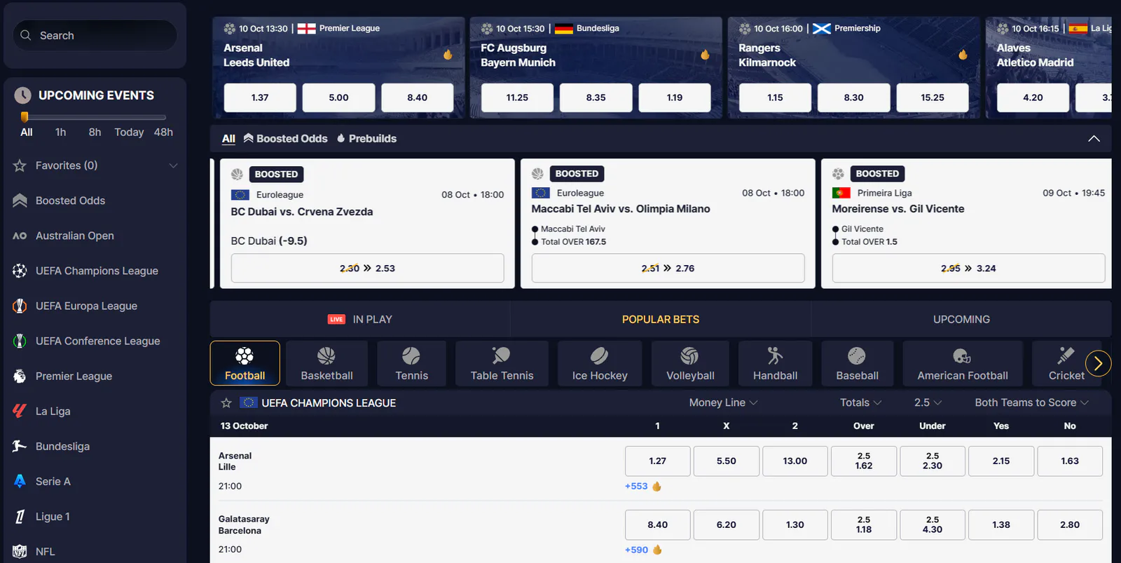 Cazeus Casino sportsbook with upcoming football matches, boosted odds, live betting and UEFA Champions League betting markets