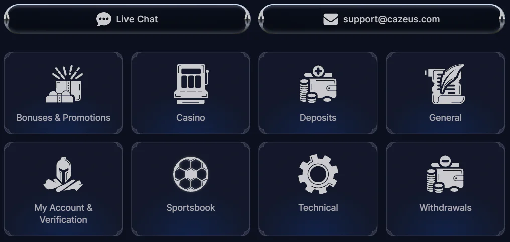 Cazeus Casino support page with live chat, email and help sections for bonuses, deposits, withdrawals and account verification
